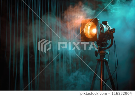 Professional studio light with smoke on blue curtain background. 116532904