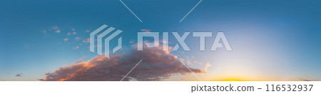 Dramatic Sunset sky 360 panorama. Vibrant sky with bright glowing red pink Cumulus clouds. HDR 360 seamless spherical panorama. Sky dome for aerial drone panoramas. Climate and weather change. 116532937