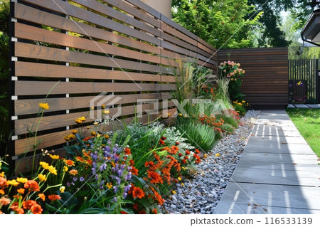 Modern fence and flower garden. 116533139