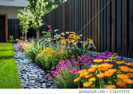 Modern fence and flower garden. 116533141