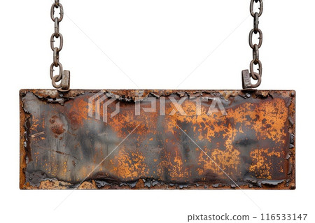 Old rusty tin sign hanging on a chain 116533147