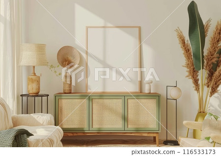 Stylish and cozy interior design of a living room with a large blank frame and modern furniture Stylish and cozy interior design of a living room with a large blank frame and modern furniture 116533173