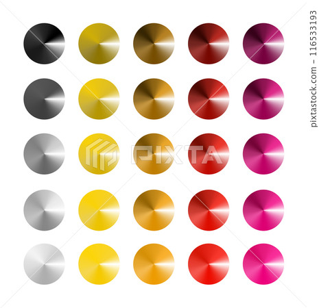 Metal gradient. Multi colored radial gradient set. Collection of shiny foil in rainbow colors palette. Vector 116533193
