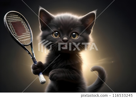 sporty black cat plays tennis 116533245