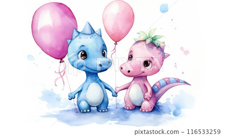 cute dino couple with birthday balloons watercolor design cute dino couple with birthday balloons watercolor design 116533259