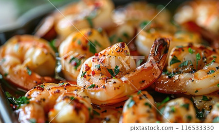 Delicious grilled shrimp seasoned with herbs, suggesting gourmet cooking and taste 116533330