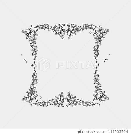 Hand drawn vector abstract outline,graphic,line vintage baroque ornament floral frame in calligraphic elegant modern style.Baroque floral vintage outline design concept.Vector antique frame isolated. 116533364