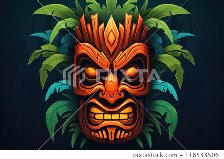 Illustration of a tropical Tiki mask. Symbol of a wild tribe in the jungle. 116533506