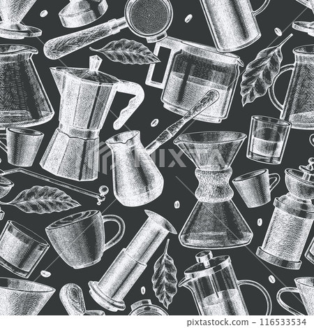 Alternative Coffee Makers Seamless Pattern. Vector Hand Drawn Specialty Coffee Equipment Background. Vintage Style Coffee Bar Chalk Board Illustration 116533534