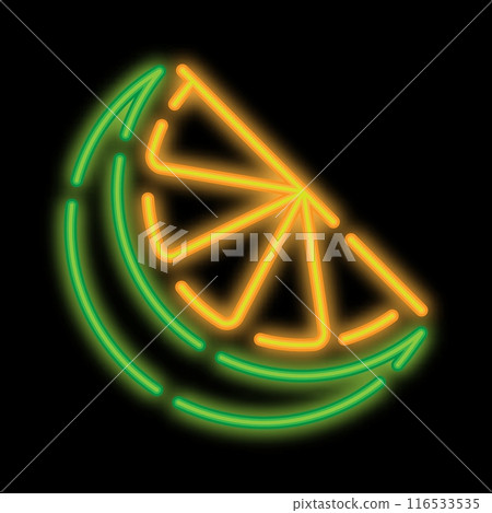 Neon glowing sliced lime fruit, juicy citrus. Harvesting tropical fruits. Glowing neon icon isolated on black background 116533535