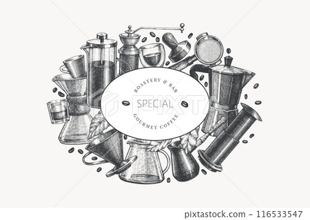 Alternative Coffee Makers Illustration. Vector Hand Drawn Specialty Coffee Equipment Banner. Vintage Style Coffee Bar Design 116533547