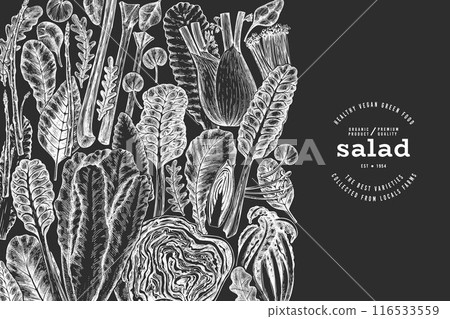 Green Vegetable Design Template. Vector Hand Drawn Healthy Leaf Salad Banner. Vintage Style Menu IllustrationOn Chalk Board. 116533559