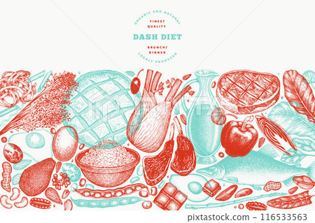 Dash Diet Design Template. Vector Hand Drawn Healthy Food Banner. Vintage Style Menu Illustration. 116533563