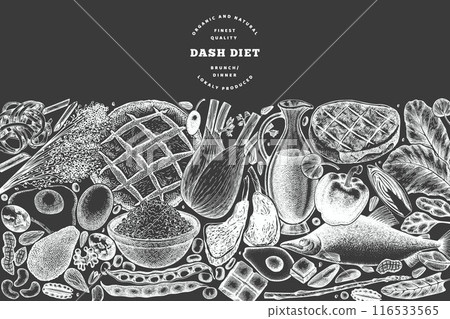 Dash Diet Design Template. Vector Hand Drawn Chalk Board Healthy Food Banner. Vintage Style Menu Chalkboard Illustration. 116533565