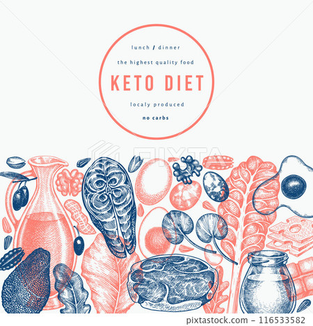 Keto Diet Design Template. Vector Hand Drawn Healthy Food Banner. Vintage Style Ketogenic Menu Illustration. Keto Diet Design Template. Vector Hand Drawn Healthy Food Banner. Vintage Style Ketogenic Menu Illustration. 116533582