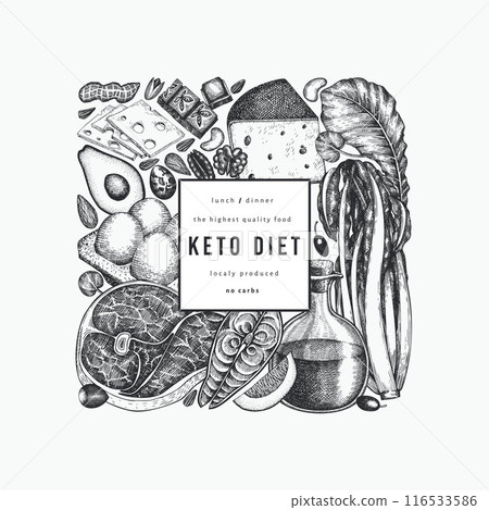 Keto Diet Design Template. Vector Hand Drawn Healthy Food Banner. Vintage Style Ketogenic Menu Illustration. Keto Diet Design Template. Vector Hand Drawn Healthy Food Banner. Vintage Style Ketogenic Menu Illustration. 116533586
