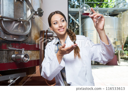 Woman in white coat on the winery Woman in white coat on the winery 116533613