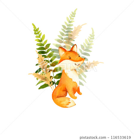 cute red baby fox against forest herbs and plants, watercolor sketch of cartoon forest animal with fern's leaves and greenery leaf plant, funny illustration on white background, for children posters cute red baby fox against forest herbs and plants, watercolor sketch of cartoon forest animal with fern's leaves and greenery leaf plant, funny illustration on white background, for children posters 116533619