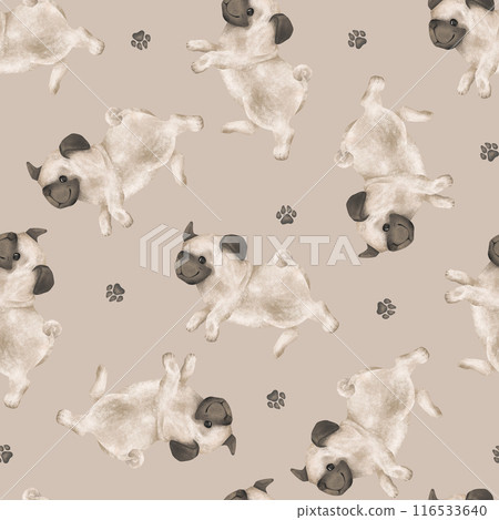 Seamless pattern of animal dogs and paws for kids. Hand drawn illustration of pug running or jumping on isolated background. Minimalist Scandinavian style. Cute pets for kids post or stickers 116533640