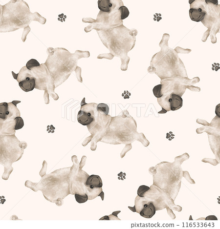 Seamless pattern of animal dogs and paws for kids. Hand drawn illustration of pug running or jumping on isolated background. Minimalist Scandinavian style. Cute pets for kids post or stickers 116533643
