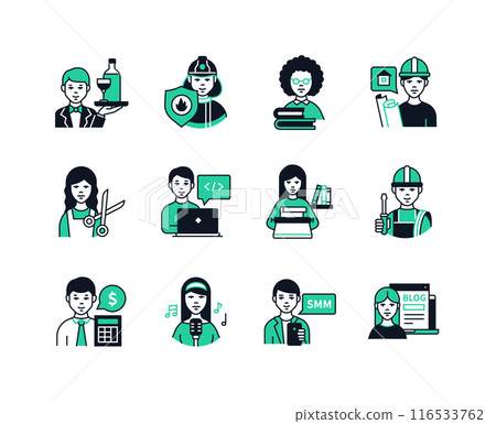 Interesting professions for women and men - line design style icons set 116533762