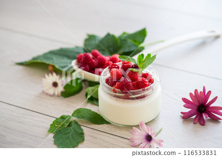 homemade food, milk yogurt with fresh raspberries homemade food, milk yogurt with fresh raspberries 116533831