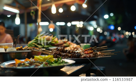Night Thai street food market with various dishes and skewers on display, illuminated by lights and boke effects. Ideal for themes of travel, cuisine, and cultural experiences 116533987