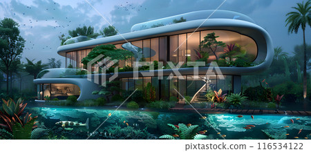 Modern luxury house stands out in dense forest setting 116534122