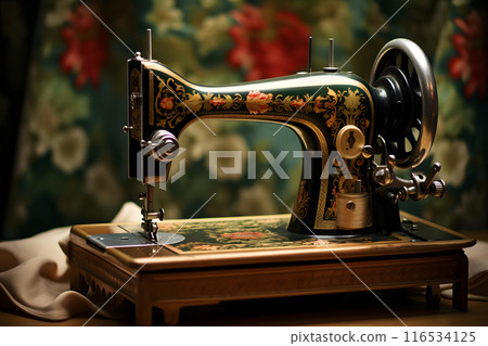 Retro sewing machine with spools of thread in old-fashioned tailor shop 116534125