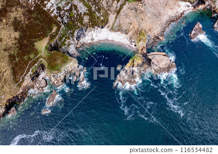 Aerial View of the rocky coastline at Muckros Head beach in Donegal, Ireland 116534482