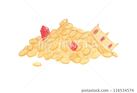 Watercolor illustration of a pile of treasures. Hand drawn sketch of coins, jewelry, crown, rubies. Isolated 116534574