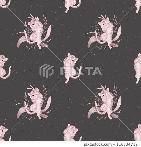 Seamless pattern with childish illustration of a pink leopard with branch leaves. Hand drawn watercolor illustration on isolated background. Baby animal for baby design in minimalist style. Seamless pattern with childish illustration of a pink leopard with branch leaves. Hand drawn watercolor illustration on isolated background. Baby animal for baby design in minimalist style. 116534712