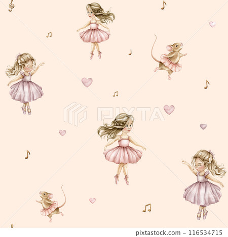 Watercolor seamless pattern with cute little ballerinas and mouse. Hand drawn illustration heart and notes or treble clef on isolated background. Background for girl textile with dancing in pink dress 116534715