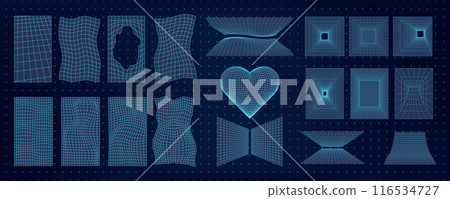 Abstract wireframe 3D shapes including mesh grids, hearts, and tunnels. Y2k retro geometric design elements with a tech and cyberpunk style. Futuristic grid patterns and surreal forms. Abstract wireframe 3D shapes including mesh grids, hearts, and tunnels. Y2k retro geometric design elements with a tech and cyberpunk style. Futuristic grid patterns and surreal forms. 116534727