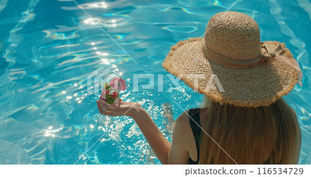 Young woman in a stylish hat holding a refreshing drink, sitting on the edge of a pool on a sunny summer day Young woman in a stylish hat holding a refreshing drink, sitting on the edge of a pool on a sunny summer day 116534729