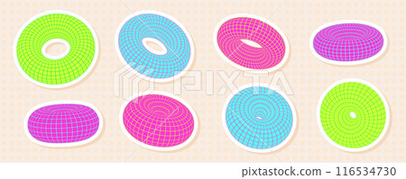 Set of neon 3D torus shapes with grid and wireframe mesh patterns. Abstract and futuristic y2k donut sticker style, with vibrant and psychedelic cyberpunk elements. Set of neon 3D torus shapes with grid and wireframe mesh patterns. Abstract and futuristic y2k donut sticker style, with vibrant and psychedelic cyberpunk elements. 116534730