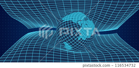 Abstract 3D illustration with a grid and mesh wireframe sphere in a warped, undulating rectangular shape. Geometric Y2K design combines a cyberpunk aesthetic with neon colors against a dark background Abstract 3D illustration with a grid and mesh wireframe sphere in a warped, undulating rectangular shape. Geometric Y2K design combines a cyberpunk aesthetic with neon colors against a dark background 116534732