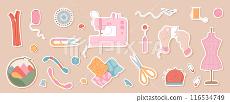 Hand drawn sewing tools and accessories set. Includes needle, thread and sewing machine, also bobbin and embroidery icons for sewing projects. Perfect for tailor and crafts illustrations and designs. Hand drawn sewing tools and accessories set. Includes needle, thread and sewing machine, also bobbin and embroidery icons for sewing projects. Perfect for tailor and crafts illustrations and designs. 116534749