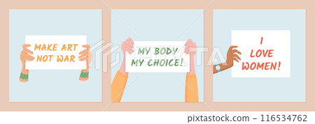 Hands hold signs with messages like Make Art Not War, My Body My Choice, and I Love Women. This social media template showcases people in protest, empowerment, strong community, and solidarity. Hands hold signs with messages like Make Art Not War, My Body My Choice, and I Love Women. This social media template showcases people in protest, empowerment, strong community, and solidarity. 116534762