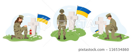 Veterans Cemetery and Ukrainian military. Soldiers woman and man on one knee in front of grave cross with yellow-blue Ukrainian flags. Memorial Day. Isolated vector illustrations in flat style. 116534860