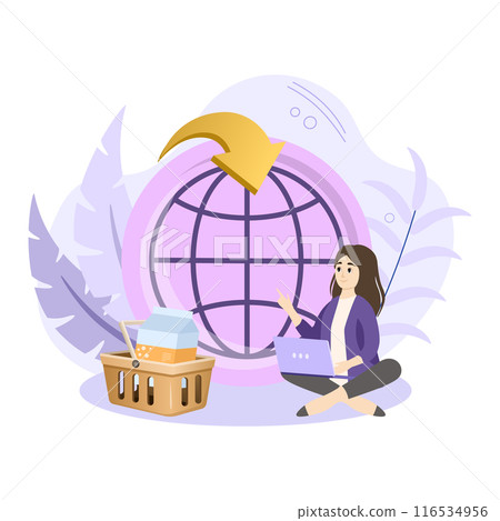 Woman ordering groceries online using laptop for global delivery service 116534956
