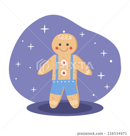 Cute gingerbread man smiling wearing blue overalls on purple background Cute gingerbread man smiling wearing blue overalls on purple background 116534971