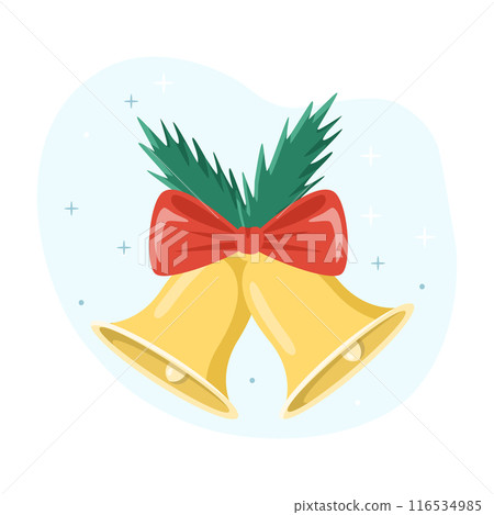 Two golden christmas bells ringing with red bow and pine branches Two golden christmas bells ringing with red bow and pine branches 116534985