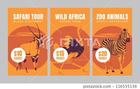Three vertical banners with wild African animals. Yellow and orange. Vector flat illustration. Zoo and tourism 116535139