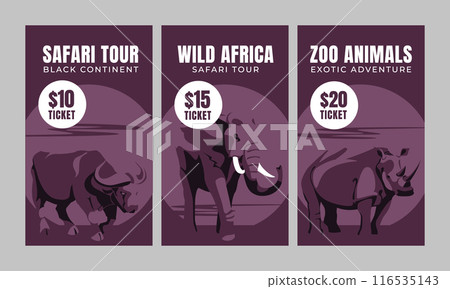 Three vertical banners with wild African animal. Dark purple. Vector flat illustration. Zoo and tourism 116535143