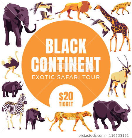 Square and round set of wild African animals. Orange color. Vector flat illustration. Zoo and tourism Square and round set of wild African animals. Orange color. Vector flat illustration. Zoo and tourism 116535151