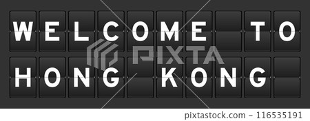 Black color analog flip board with word welcome to hong kong on gray background 116535191