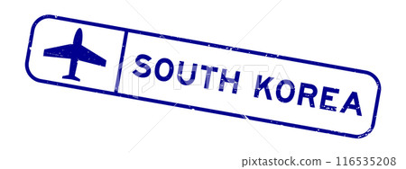 Grunge blue south korea word with plane icon square rubber seal stamp on white background 116535208