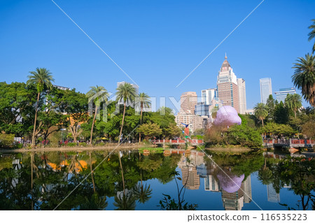 Taiwan Taipei City, Sun Yat-Sen Memorial Hall's Green Lake and Taipei's buildings 116535223