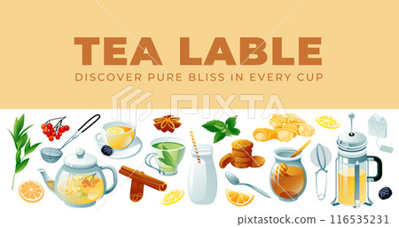 The tea service is horizontal. Vector illustration. Tea ceremony, tea plate, breakfast and cafe menu The tea service is horizontal. Vector illustration. Tea ceremony, tea plate, breakfast and cafe menu 116535231